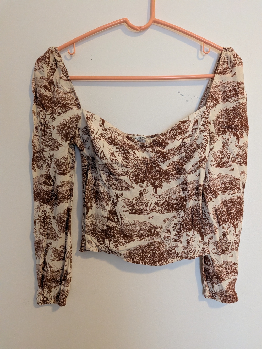 Reformation Cream and Brown Scenic Print Off-Shoulder Blouse